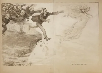 A Ghostly Woman Floating On Bubbles Lures A Crowd Of Men To Follow Her Over A Cliff