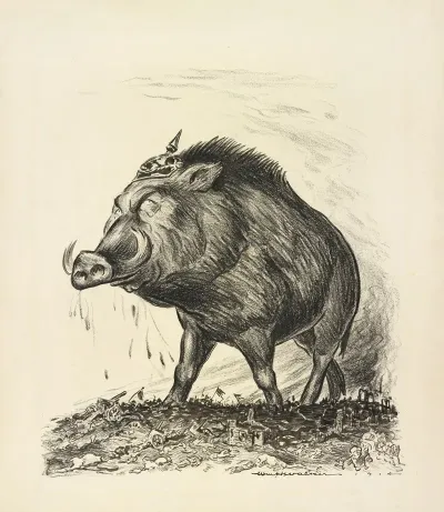 A Giant Boar With A Prussian Helmet Stands Victorious On A Field Of Battle Covered With Fallen Soldiers
