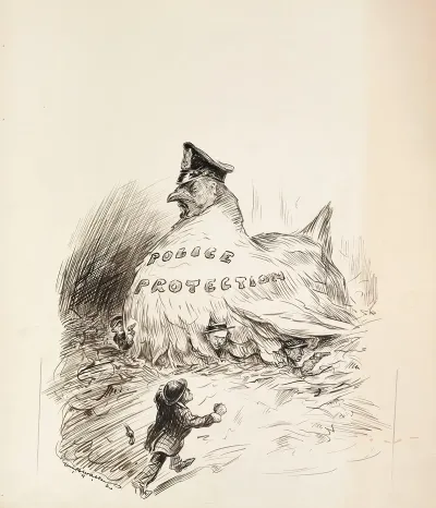 A Giant Hen Representing Police Protection Shelters Several Criminals Under Her Wings