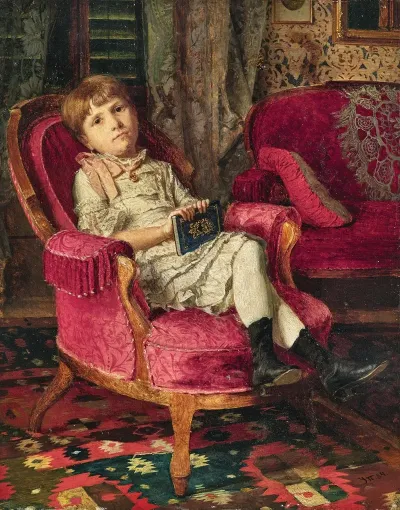 A Girl Angelina The Artists Niece At The Age Of 7 With A Book In A Red Armchair