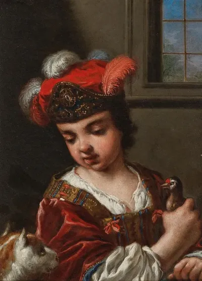 A Girl Half Length Holding A Bird With A Cat In The Foreground