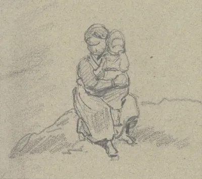 A Girl Holds A Child On Her Lap And Sits On A Small Slope The Child Has Brought Her Hand To Her Mouth