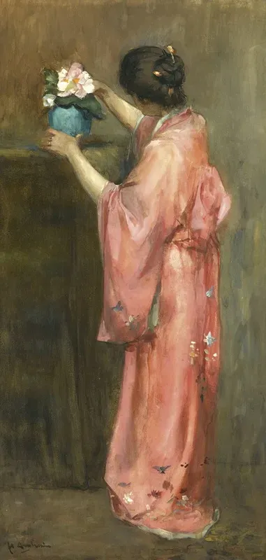 A Girl In Kimono Arranging Flowers
