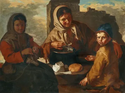 A Girl Knitting And A Woman Feeding A Child