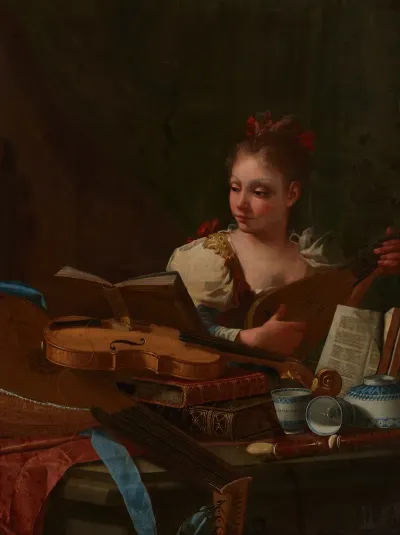 A Girl Playing A Mandora With A Lute A Violin A Recorder Books And Blue And White Porcelain On A Table