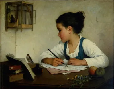 A Girl Writing The Pet Goldfinch