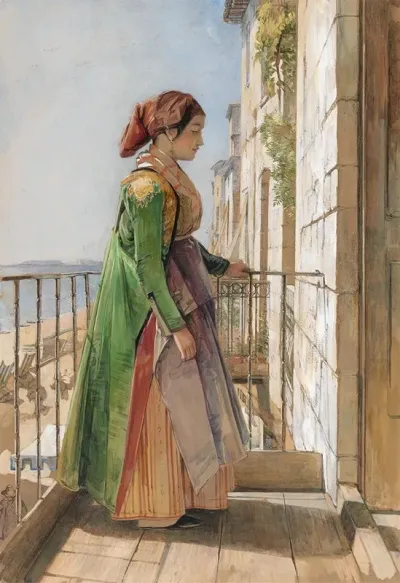 A Greek Girl Standing On A Balcony 1840