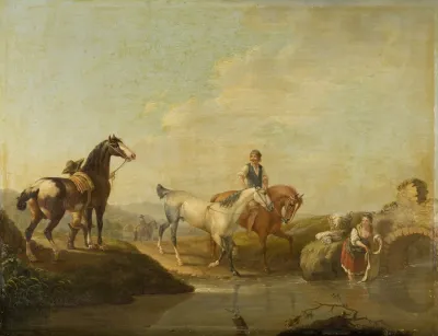A Groom Leading Two Horses To The Water