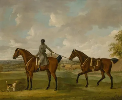 A Groom With Two Bay Hunters With A Hound In A Landscape