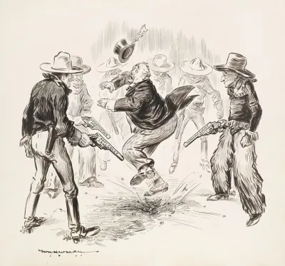 A Group Of Cowboys Surround A Rich Man Representing High Finance And Fire Their Guns At His Feet