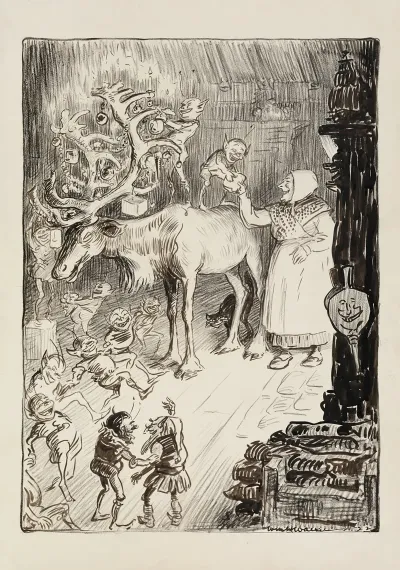 A Group Of Elves Hang Christmas Decorations On The Antlers Of A Reindeer Aided By A Laughing Woman