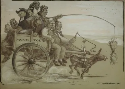 A Group Of Large People Representing Various Trusts Ride On A Wagon Monopoly Which Is Pulled By A Small Donkey The Public