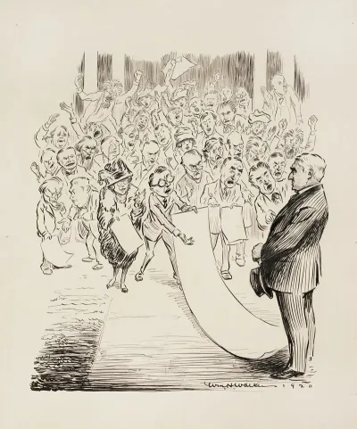 A Group Of Men And Women Shout And Present Lists To A Man In A Suit