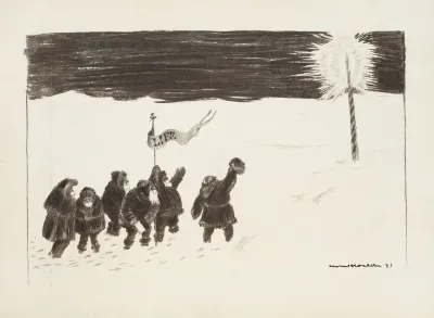 A Group Of Men Carrying A Life Flag Walk Across The Snow Towards A Glowing Pole Probably Representing The North Pole