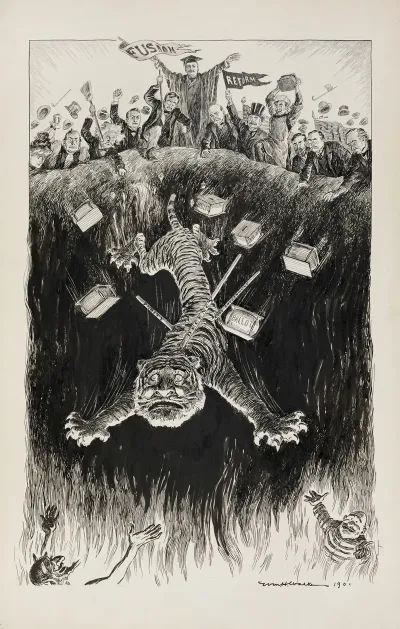 A Group Of Men Carrying Flags Push The Tammany Tiger Into Flames
