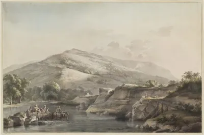A Group Of Peasants Crossing A Ford With A Horse Drawn Cart