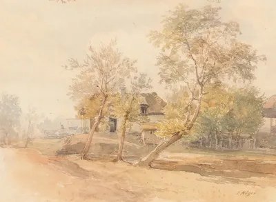 A Group Of Trees Near A Farmhouse