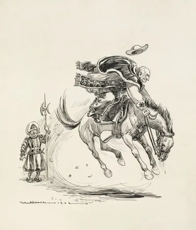 A Guard Watches Surprised As A Religious Leader Possibly The Pope Rides A Bucking Horse And Wears Fancy Cowboy Gear