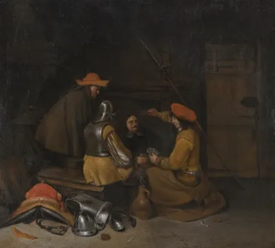A Guardroom Interior With Four Figures Drinking And Playing Cards