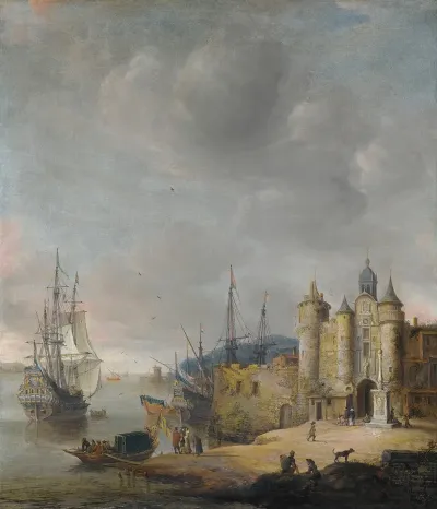 A Harbour Scene With A Man Of War And Other Shipping Figures Conversing On The Shore