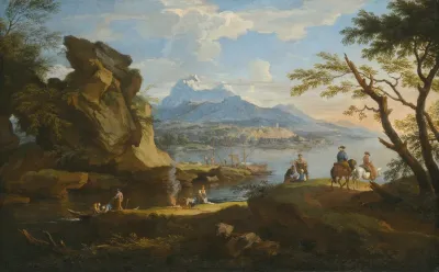 A Harbour Scene With Fishermen Returning To Shore Some Travellers Setting Up Camp And Two Riders On A Pass Mountains Beyond