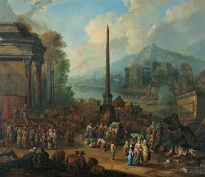A Harbour Scene With Numerous Figures Attending Market