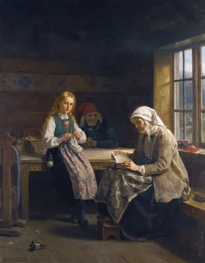 A Hardanger Interior Young Girl Knitting