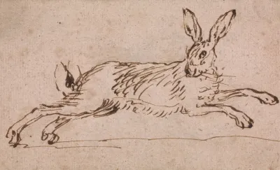 A Hare Running With Ears Pricked