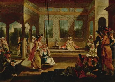 A Harem Scene With Soldiers Smoking And Odalisques Relaxing And Playing On A Swing In An Interior Courtyard