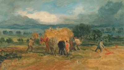 A Harvest Scene With Workers Loading Hay On To A Farm Wagon