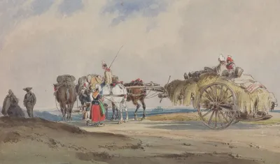 A Hay Wagon Drawn By Four Horses