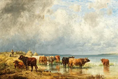 A Herd Of Cattle Near A Lake