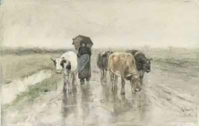 A Herdess With Cows On A Country Road In The Rain 2