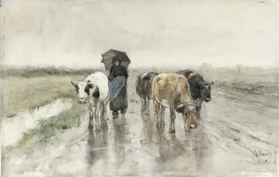A Herdess With Cows On A Country Road In The Rain