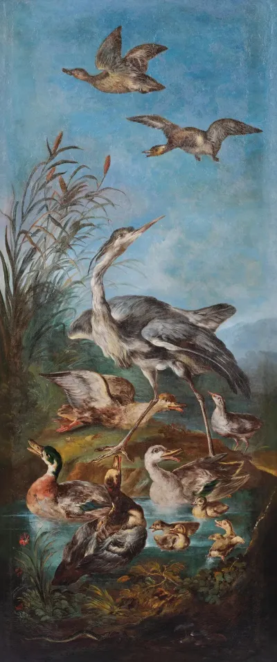 A Heron And Ducks Near A Pond