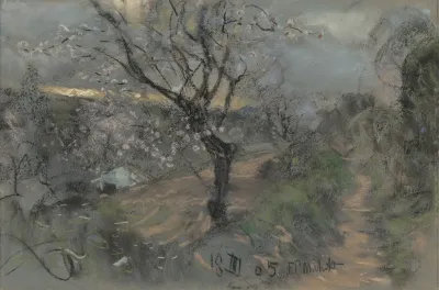 A Hillside Path With Blooming Cherry Trees Under An Overcast Sky