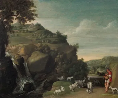 A Hilly Landscape With A Waterfall And A Goatherd