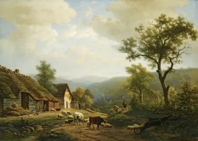 A Hilly Landscape With Cattle Going To The Fields