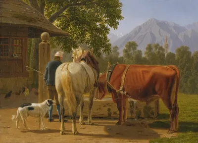 A Horse And Cow At A Well In The Background Mountain Peak Niesen