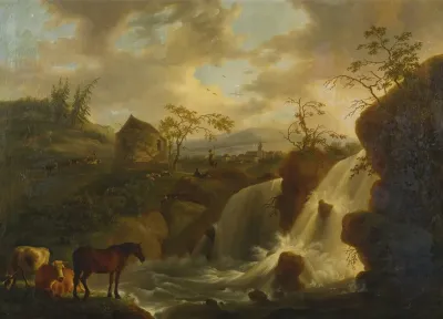 A Horse And Cows By A Rushing River