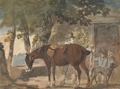 A Horse Dog And Figures Outside A Cottage