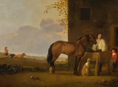 A Horseman Tending His Horse A Cowherd With His Cattle Beyond