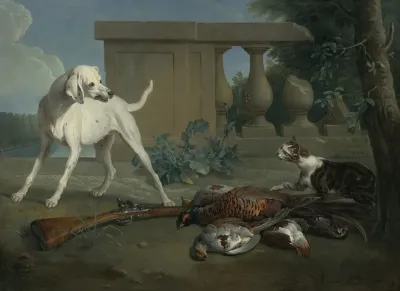 A Hound Protecting A Bag Of Game From A Cat