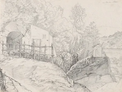 A House Near A Grotto And A Roadside Chapel At Lake Nemi With A View Of Genzano From The North