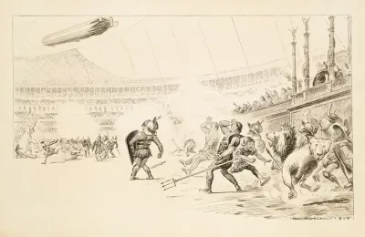 A Huge Gladiator Fight Including Men In Armor Lions And An Elephant In A Crowded Stadium