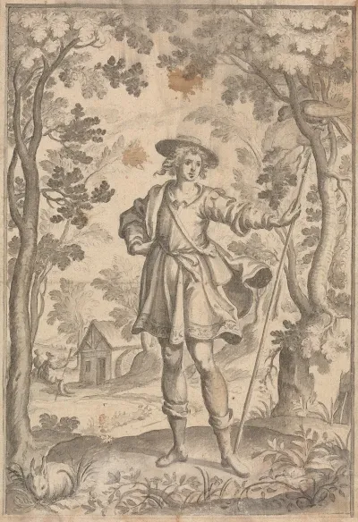 A Hunter Holding A Spear In A Woodland Setting
