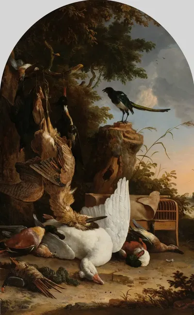 A Hunters Bag Near A Tree Stump With A Magpie Known As The Contemplative Magpie