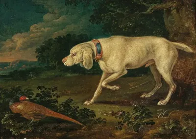 A Hunting Dog With A Pheasant