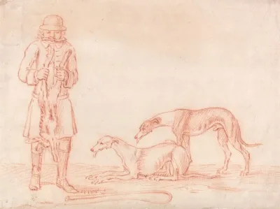 A Huntsman Holding A Dead Hare With Two Greyhounds Looking On