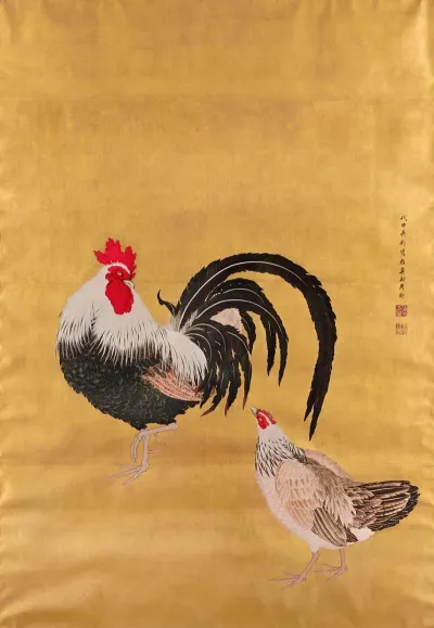 A Japanese Scroll Depicting A Cockerel And Hen
